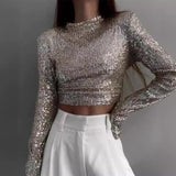 ANTMVS2025 long-sleeved crew neck nightclub sexy short top,  hot sale versatile Spice Girl solid color sequined T-shirt