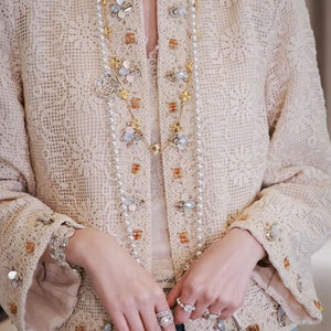 Spring 2025 new high-end design sense daughter gold versatile Popular style heavy industry bead lace jacket N2043