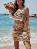 GOOSUDU 2025 knitted blouse set, flared sleeves, loose vacation sunscreen, women's
