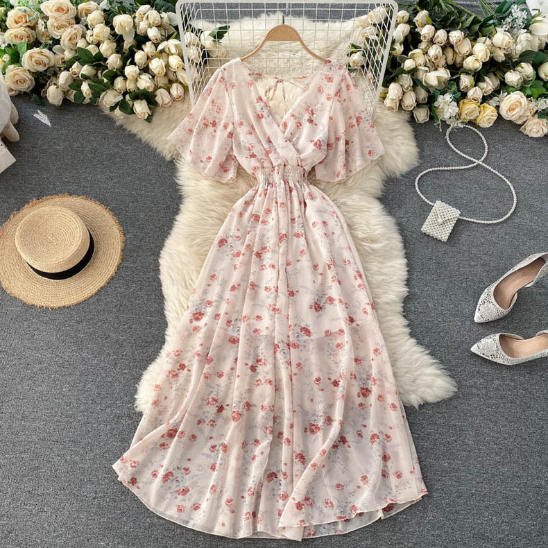 Seaside Holiday Dress Summer 2025 New Sexy V-neck Tight Waist Slimming Long Chiffon Floral Beach Dress