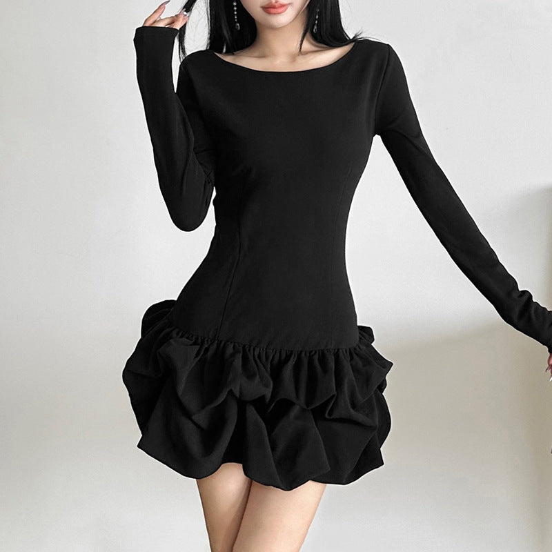 2025 style popular autumn new women's clothing elegant pleated hem design solid color slim-fitting long-sleeved dress