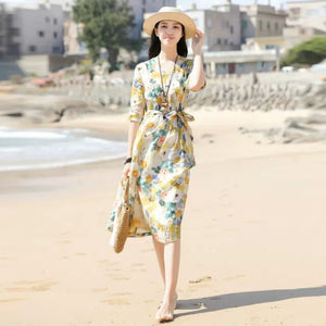 Floral dress summer  new temperament V-neck small fresh printed skirt seaside vacation skirt women