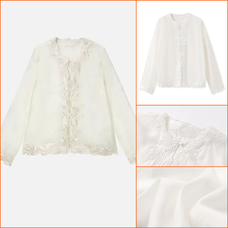 2025 spring new retro long-sleeved versatile shirt heavy industry embroidery fashion new Chinese Tencel top N2076