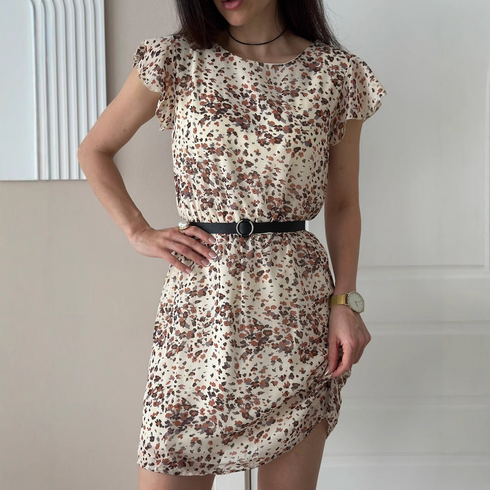 ins style summer high-end round neck short-sleeved printed casual dress A-shaped skirt ice silk thin waist women