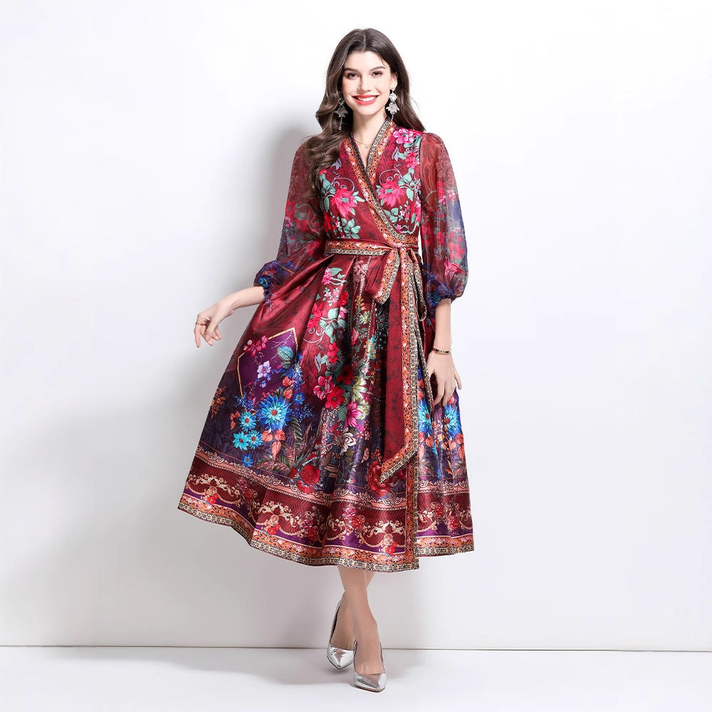 Popular trade women's clothing  spring new V-neck ethnic style printed satin wrap long dress