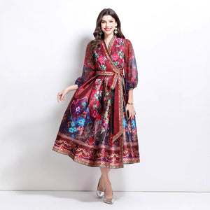 Popular trade women's clothing  spring new V-neck ethnic style printed satin wrap long dress