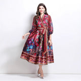 Popular trade women's clothing  spring new V-neck ethnic style printed satin wrap long dress