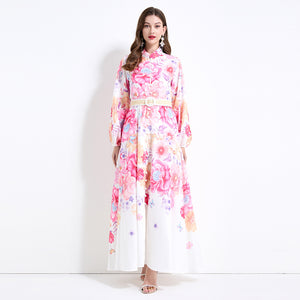 new  holiday style elegant long dress women's strap waist lantern sleeve printed pendulum dress