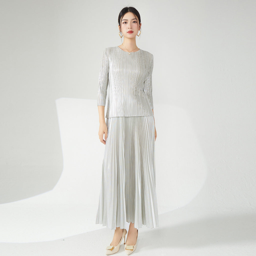 2025 Pleated suit women's fashion high-end women's clothing spring and autumn new hardware girl crew neck T-shirt top fashion skirt