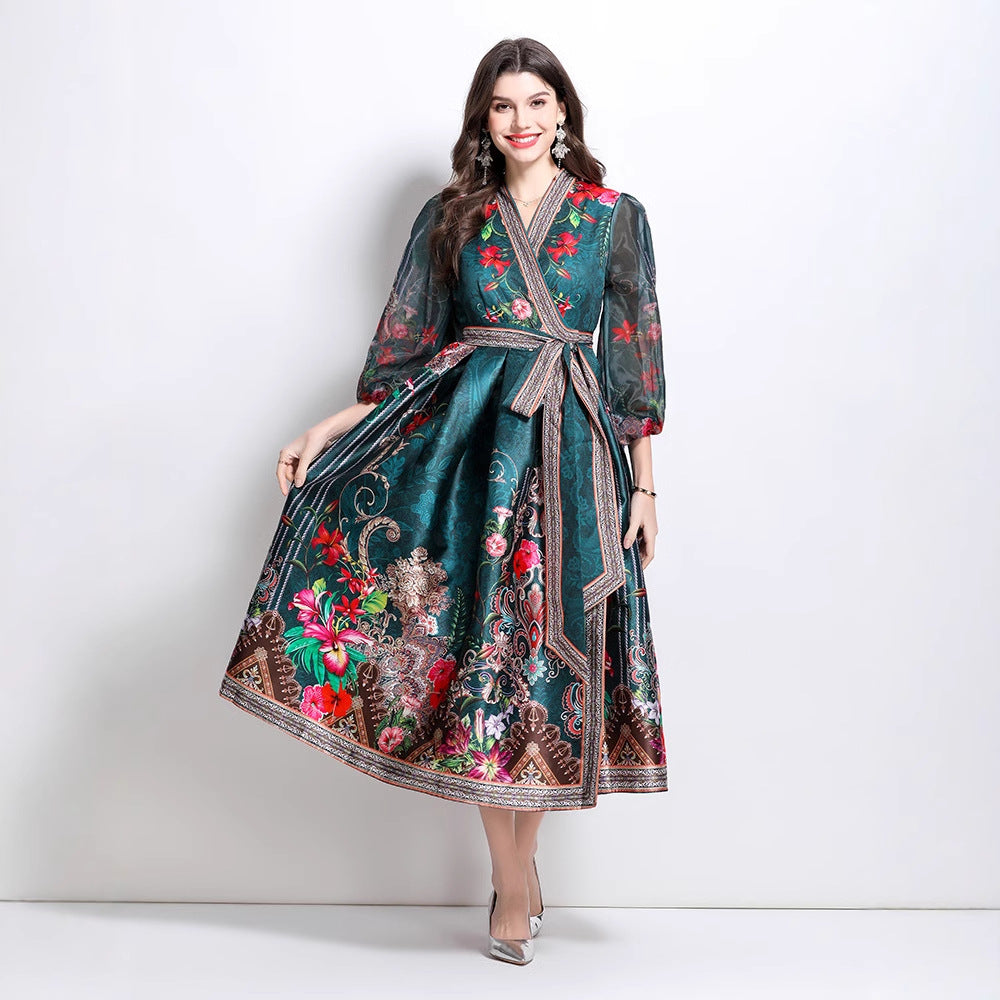 Popular trade export women's clothing  spring new V-neck ethnic style printed satin wrap long dress