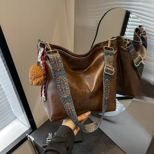 GOOSUDU 2025 Oil wax leather bag women's large capacity popular new casual versatile retro wide shoulder strap shoulder bag crossbody bucket bag