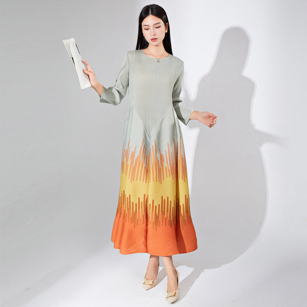 2025 Processing Customized Hot Trade Women's Clothing New Long Sleeve Printed Crew Neck Dress  Folded Long A-shaped Dress