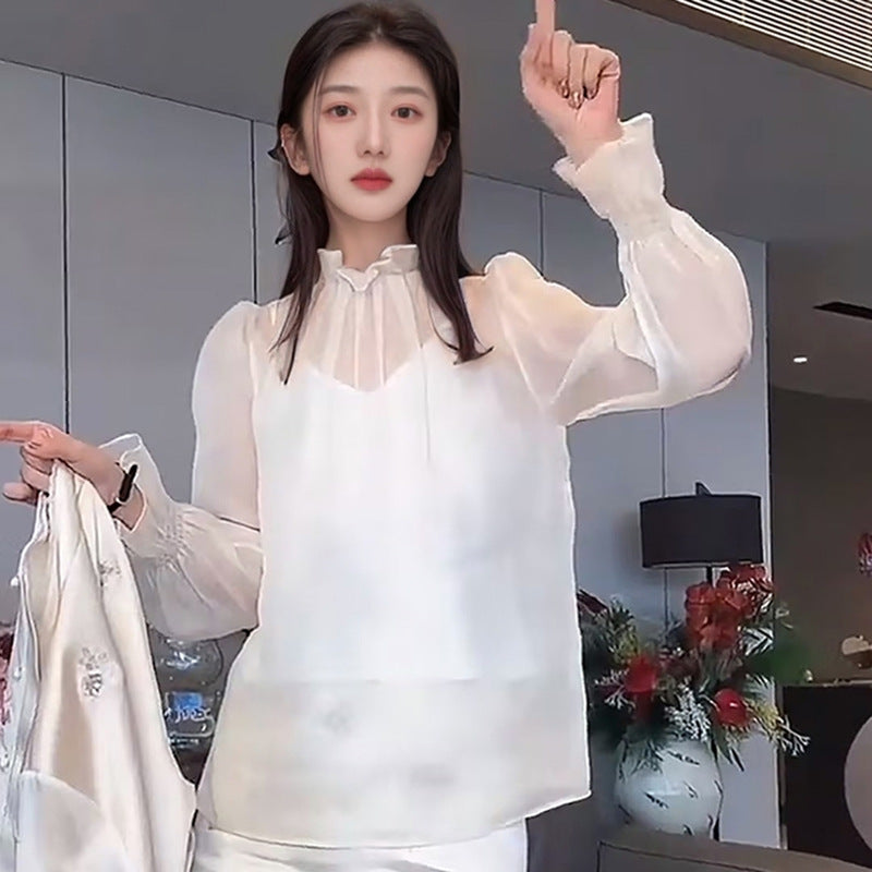 2025 New Chinese Style Crew Neck Solid Color Button Shirt Loose Mulberry Silk Niche Premium Top N2021