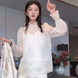 2025 New Chinese Style Crew Neck Solid Color Button Shirt Loose Mulberry Silk Niche Premium Top N2021