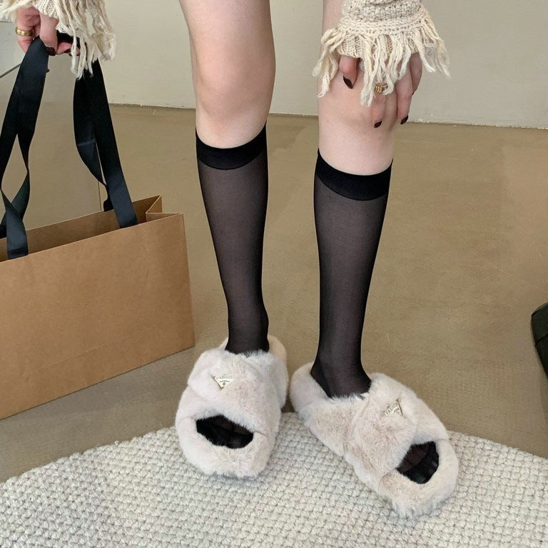 2025  popular autumn and winter new fluffy thick-soled slippers triangular metal buckle crossed flat-bottomed plush slippers open-toed one-word drag