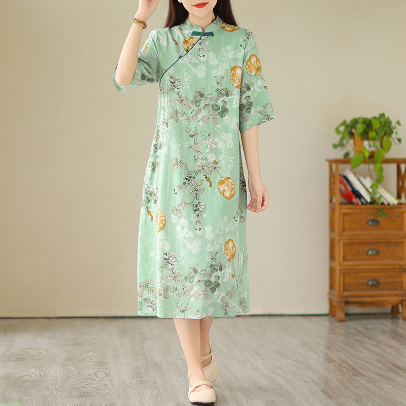 summer new temperament literary and retro printing national style diagonal placket temperament stand-up collar dress improved cheongsam skirt