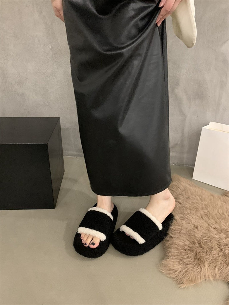 2025  Slippers women's muffin thick bottom popular autumn and winter middle heel Popularan station warm fluffy slippers women's outer wear