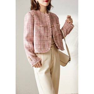 2025 Wool pink small fragrant coat, spring and autumn new tweed  spring short coat top women's wholesale