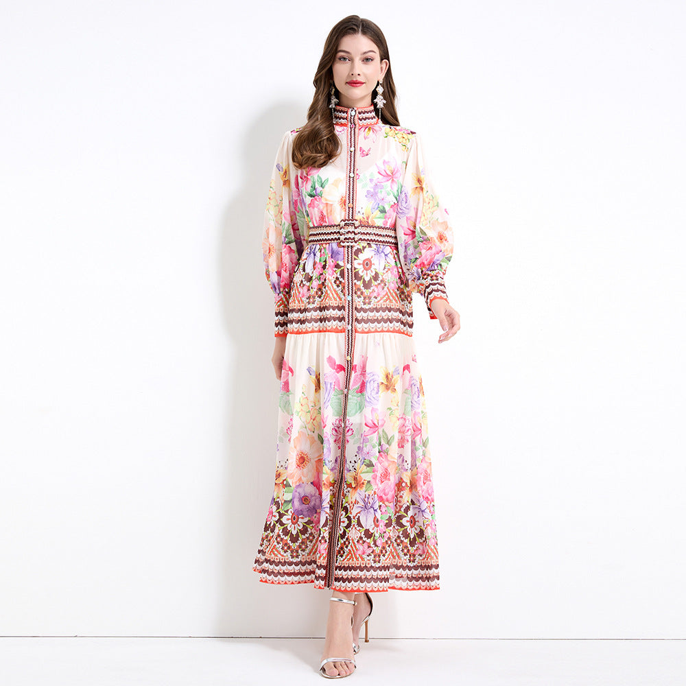 Popularan, n retro and Popular style court printing stand-up collar lantern sleeve waist single-breasted dress women's thin and elegant long dress