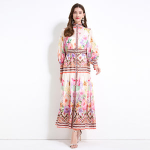 Popularan, n retro and Popular style court printing stand-up collar lantern sleeve waist single-breasted dress women's thin and elegant long dress