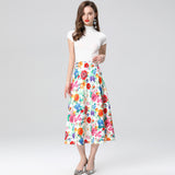 Temperament age-reducing suit women's  summer dress new round neck pullover knitted sweater printed skirt two-piece trendy