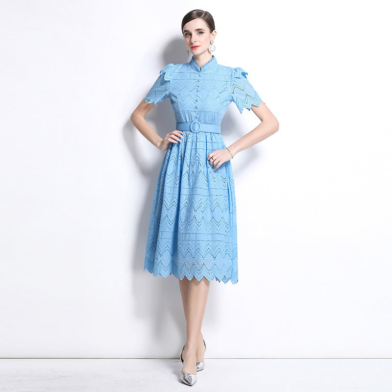 retro niche stand-up collar ruffle edge splicing waist hollow embroidery short-sleeved dress women's summer