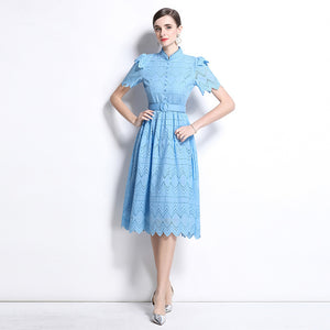 retro niche stand-up collar ruffle edge splicing waist hollow embroidery short-sleeved dress women's summer