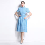 retro niche stand-up collar ruffle edge splicing waist hollow embroidery short-sleeved dress women's summer