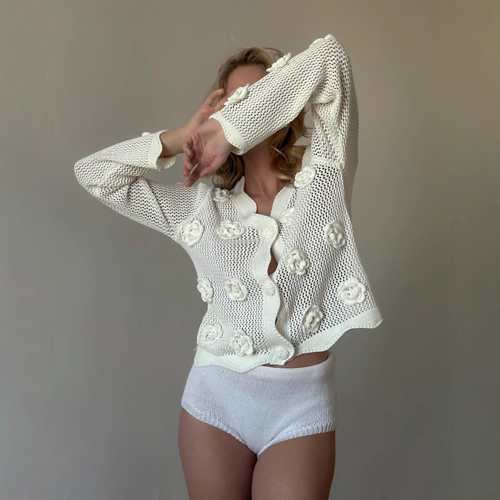 new flower hollow perspective holiday style knitted sweater long sleeve irregular New explosion wholesale top women