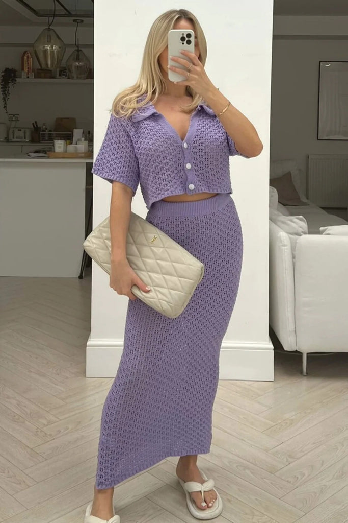 GOOSUDU 2025 Knitted crochet suit skirt multi-color cardigan button-up skirt versatile suit