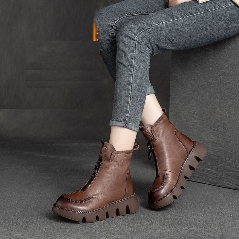 Goosudu Comfortable Pu Leather Ankle Boots Low Heel Zipper Boots