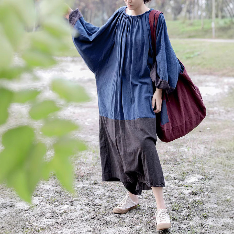 Shan Qian Nianyi, spring and autumn cotton and linen loose long dress pleated lantern sleeves big bat drawstring collar color matching dress