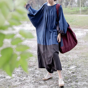 Shan Qian Nianyi, spring and autumn cotton and linen loose long dress pleated lantern sleeves big bat drawstring collar color matching dress