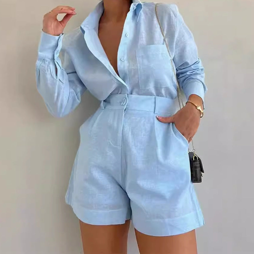 GOOSUDU New vacation new suit fashionable button pocket shorts women's suit elegant lapel long-sleeved shirt two-piece set