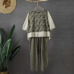Cotton and linen set, summer  new literary and retro printing fake two-piece top, Harlan pants slim two-piece set