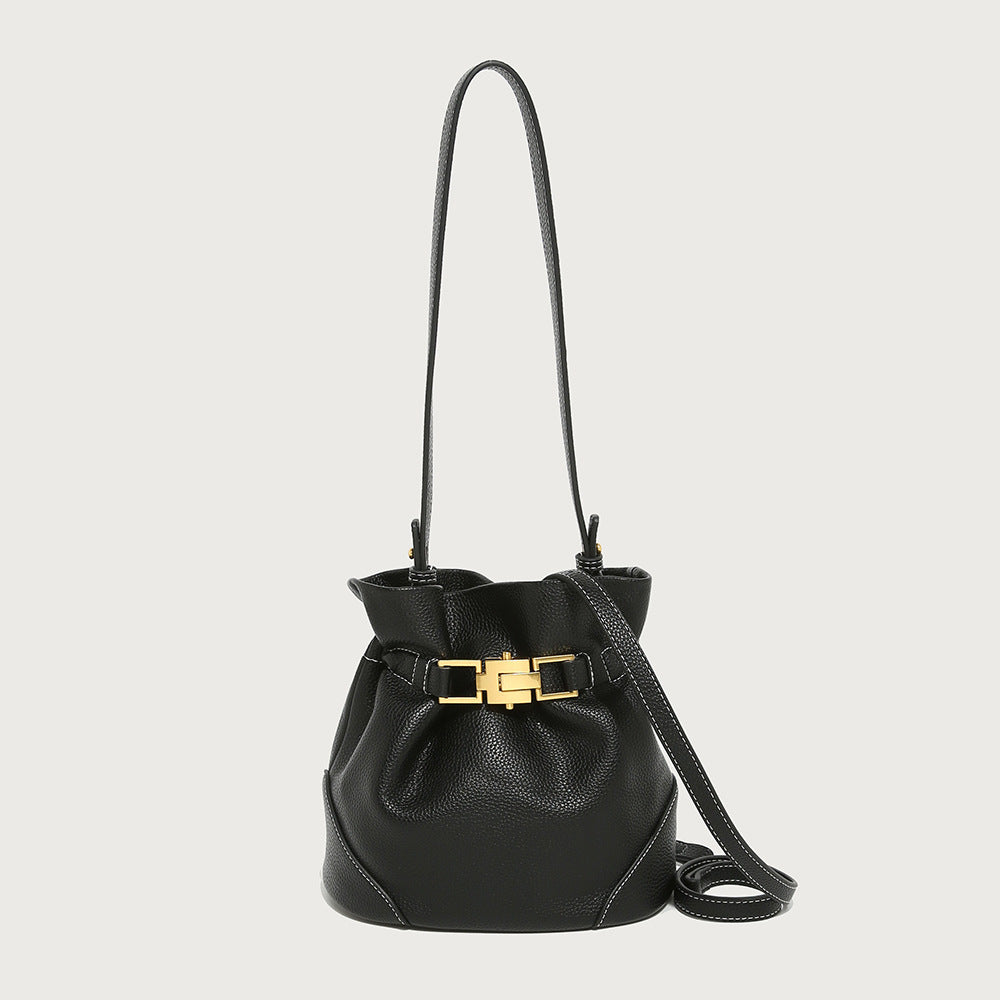 GOOSUDU 2025 New niche retro lychee pattern portable bucket bag single shoulder oblique span women's bag simple high-end versatile bag