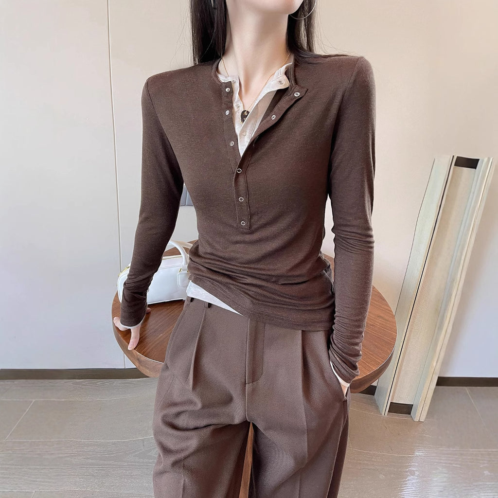 2025 Brown contrasting color fake two-piece long-sleeved knitted sweater women's autumn popular new fashion Popular slim-fit top
