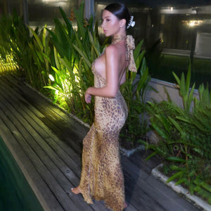 GOOSUDU  style popular autumn new product sexy backless slim strap neck irregular leopard print dress women