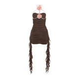 2025 style popular summer new women's clothing trend contrasting colors flower one-word neck wavy edge dress