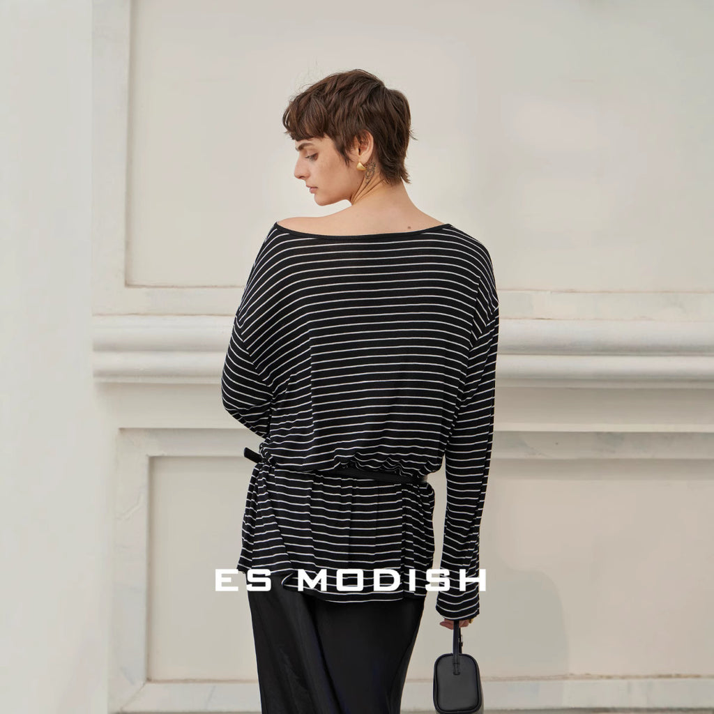 2025 ES MODISH Spring New Product Premium Versatile Knitted Top Loose Casual Stripe Long Sleeve Tencel T-Shirt Girls
