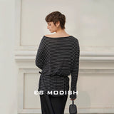 2025 ES MODISH Spring New Product Premium Versatile Knitted Top Loose Casual Stripe Long Sleeve Tencel T-Shirt Girls