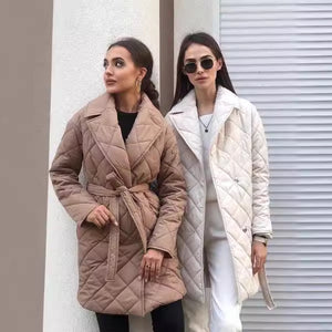 GOOSUDU New rhombus cotton clothes medium and long lapel autumn and winter street women's clothing new jacket fashion waist pocket cotton-padded clothes women