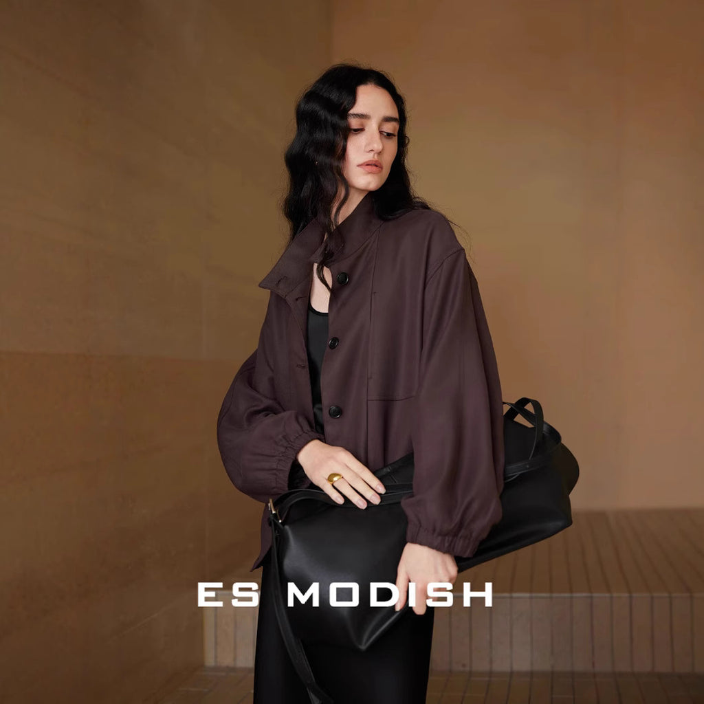 2025 ES MODISH spring new product Korean version of tooling style single-breasted stand-up collar casual versatile Tencel jacket for girls