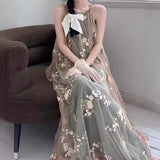 2025 popular summer new fashion high-end suspender dress heavy industry embroidery floral temperament neck long skirt