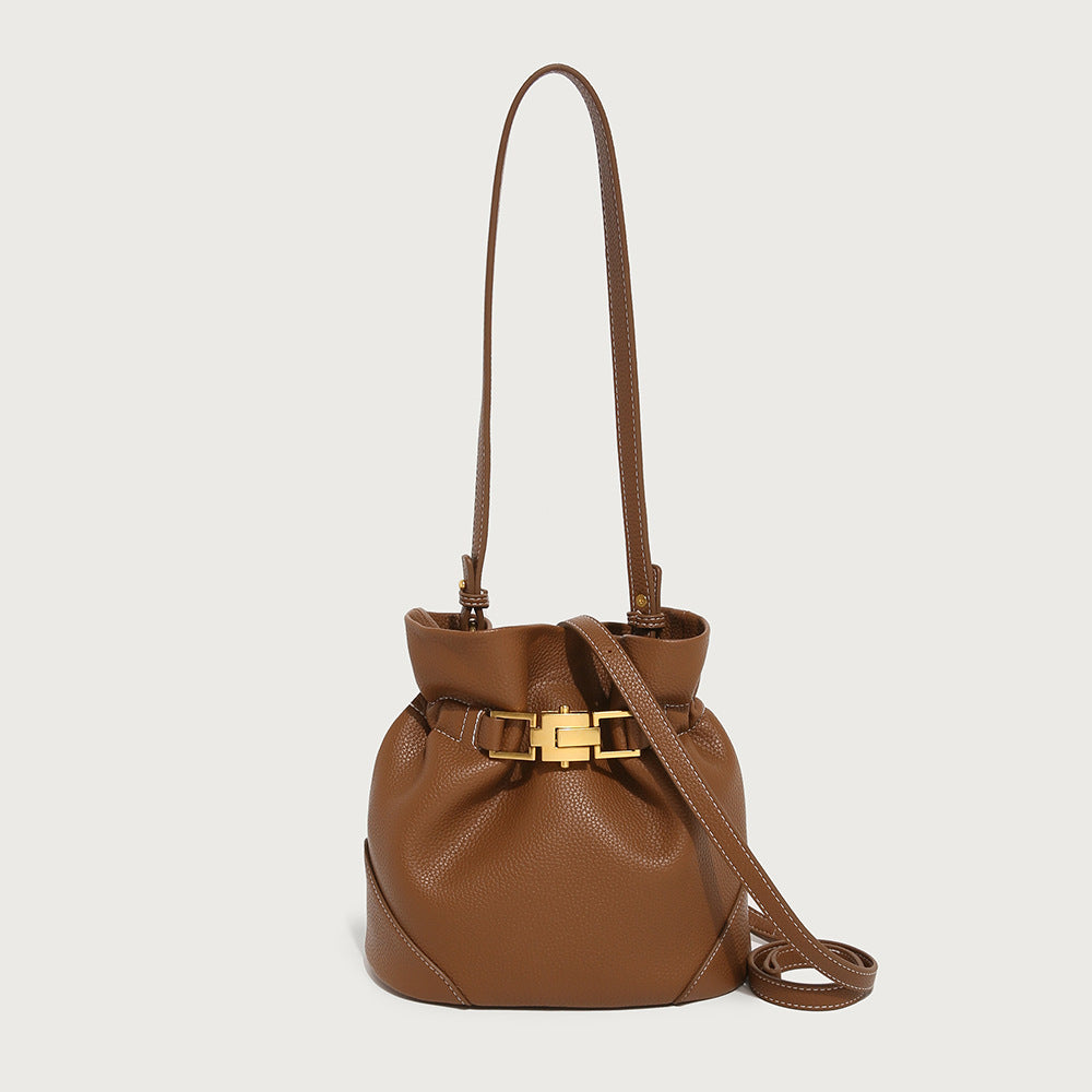 GOOSUDU 2025 New niche retro lychee pattern portable bucket bag single shoulder oblique span women's bag simple high-end versatile bag