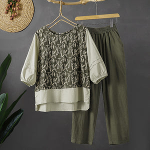 Cotton and linen set, summer  new literary and retro printing fake two-piece top, Harlan pants slim two-piece set