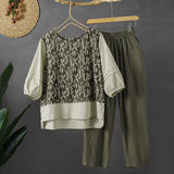 Cotton and linen set, summer  new literary and retro printing fake two-piece top, Harlan pants slim two-piece set