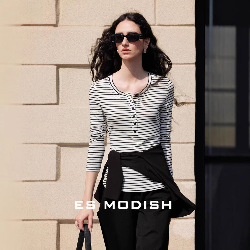 2025 ES MODISH spring new product casual and thin horizontal striped long-sleeved T-shirt button design outer wear pullover knitted sweater