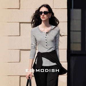 2025 ES MODISH spring new product casual and thin horizontal striped long-sleeved T-shirt button design outer wear pullover knitted sweater