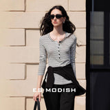 2025 ES MODISH spring new product casual and thin horizontal striped long-sleeved T-shirt button design outer wear pullover knitted sweater